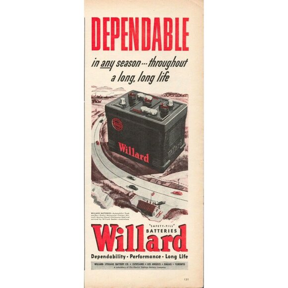 1946 Willard "Safety Fill" Batteries Vintage Print Ad (L7) - Picture 1 of 3